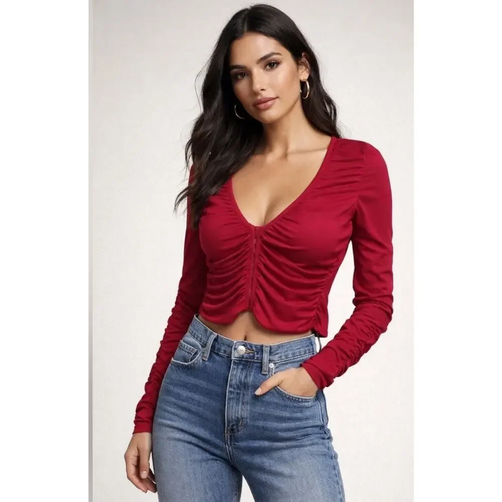 NWT Zara Ruched Hot Pink Fitted Cropped Ruched Long Sleeve Blouse Top Size Large - Picture 1 of 10